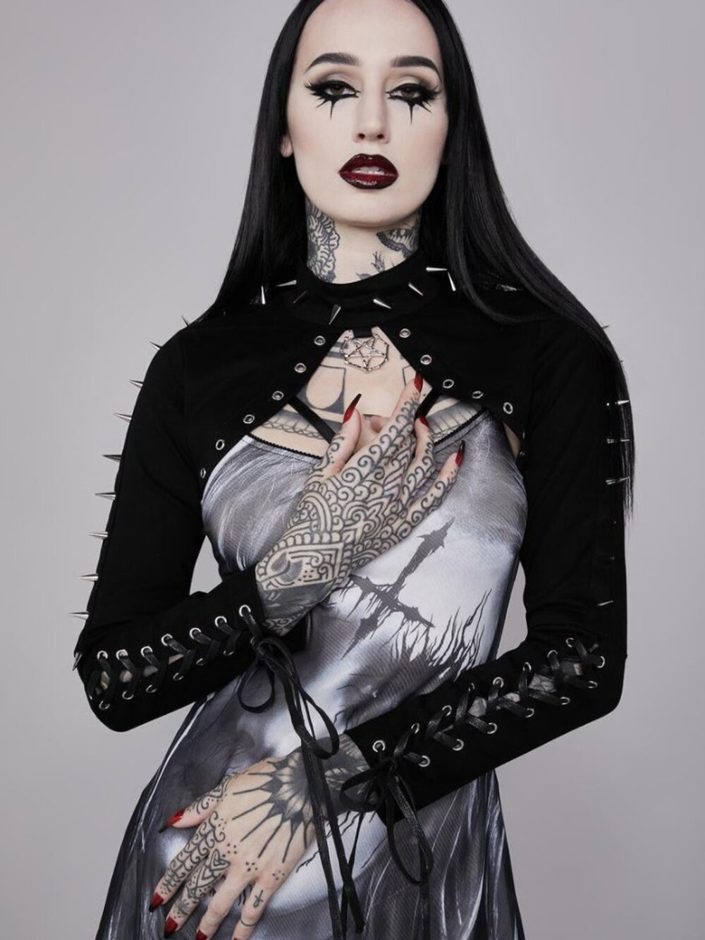 Dolls Kill Black Cropped Studded Bolero with Pentagram Buckle